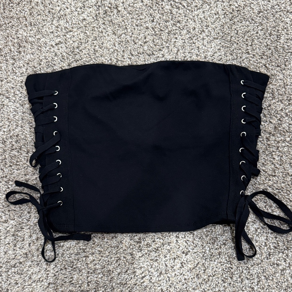 NWOT Self Esteem Black Lace-Up Strapless Crop Top